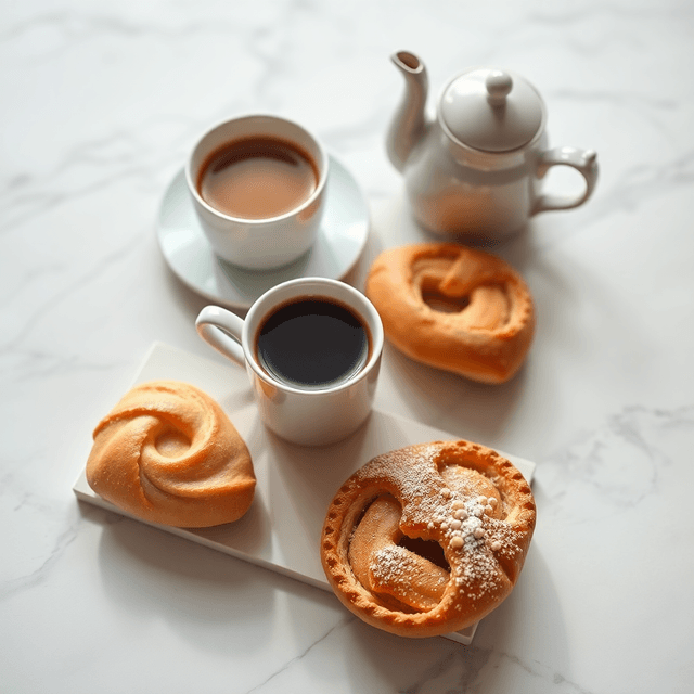 morning coffee and pastry, breakfast flatlay, natural light