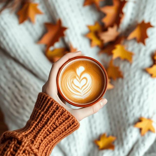 person holding coffee cup, cozy sweater, autumn vibes