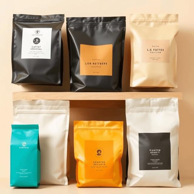 coffee packaging collection, various coffee bags, product display