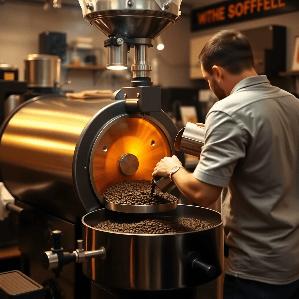 coffee roasting process, artisan roaster at work, warm ambient lighting, coffee beans being poured, professional coffee workspace